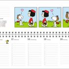 Kalenderblatt für Februar 2027. Comics mit Snoopy; Herz über ihm und einer Figur. Illustration zeigt Snoopys Freude.