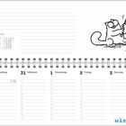 MÄRZ-APRIL. Kalender mit Daten vom 29. März bis 4. April. Illustration: Katze angelt Fischskelett über einem Hund.