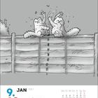 9./10. JAN Samstag/Sonntag, KW 1. Zwei cartoonartige Katzen balancieren auf einem Holzzaun und rangeln miteinander.