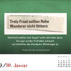 "Trotz Frost sollten Rehe Wanderer nicht füttern." Darunter: Humorvoller Text über Rehe und Müsli am 9./10. Januar-Kalenderblatt.