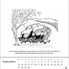Kalenderillustration von September: Menschen tragen ein Auto. Text: Zukunftsversprechen zu sauberem Motor bei Reisegeschwindigkeit.