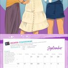 September-Kalender mit Rezept für Ingwer-Powerdrink. Illustration von drei stilisierten Mädchen.