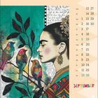 Kalender für September: Montag bis Sonntag mit Zahlen. Illustration: Frau im Profil, bunte Vögel, Pflanze.