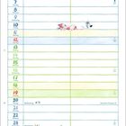 Kalender für September mit Wochentagen und Nummern in Grün und Rot. Illustrationen von Tieren und Menschen in Aktionen.