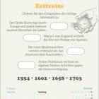 "Zeitreise" steht oben, gefolgt von einem Quiz mit historischen Ereignissen zum Zuordnen von Jahreszahlen (1554, 1602, 1658, 1703). Unten links ist ein Kalender für den 9. und 10. Januar.