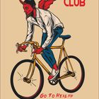 „HEALTHY CLUB“ und „GO TO HEALTH“. Illustration: Ein roter Teufel in Freizeitkleidung fährt Fahrrad.
