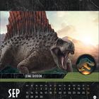 Text: "DIMETRODON", "SEP". Illustration eines Dimetrodon vor einer Landschaft, rechts ein Logo mit Dinosaurier-Silhouette.