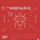 "DER MARIENKÄFER", "Zufriedenheit und Freude ausstrahlen", "GLÜCK". Rote Illustrationsfläche mit Marienkäfer und Kalender.