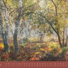 "September" steht unten links. Darunter ein Kalender mit Daten. Oben ein Wald mit Birken und Herbstlaub in warmen Farben.