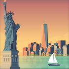 "NEW YORK, THE WONDER CITY." Illustration der Freiheitsstatue, Skyline mit Segelboot, lebendige Farben, Sonnenuntergangsstimmung.
