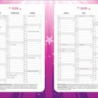 2028 Kalender für Januar bis Juni. Feiertage wie Neujahr, Valentinstag, Ostern und Pfingsten hervorgehoben. Hintergrund lila.