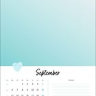 "September", Kalender von Mo-So, Notizenbereich, Herzsymbol, hellblauer Hintergrund.