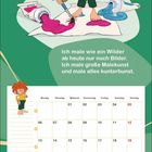 September. Ich male wie ein Wilder ab heute nur noch Bilder. Ich male große Malekunst und male alles kunterbunt. Kalenderblatt mit einer fröhlichen Illustration eines Kindes mit Pinsel und Farben.