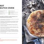 Links steht das Rezept für "Bauernbrot aus dem Dutch Oven" mit Zutaten und Zubereitung. Rechts ein rustikales Brot.