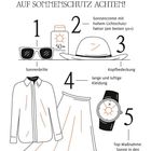1-MINUTE-HEALTHY-HABIT: Auf Sonnenschutz achten! Tipps: Sonnenbrille, Sonnencreme 50+, Hut, lange Kleidung, Sonne meiden.
