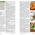 Vegetarisch auf dem Vormarsch, Hauptspeisen, Regionale Spezialitäten. Texte beschreiben Gerichte und kulinarische Traditionen. Links Speisen mit Fleisch und Gemüse, rechts Brot und Fisch.