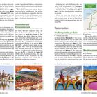 Seite aus einer Reisebroschüre über Marokko. Enthält Reiserouten, Tipps zu Wüstenwanderungen und Sehenswürdigkeiten. Links: Kameltouren am Strand; Ansicht von Ait Ben Haddou. Rechts: Karte mit Bahnroute.