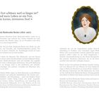 Zitat: »Ist ein Fest schöner, weil es länger ist? Und mein Leben ist ein Fest, ein kurzes, intensives Fest!«

Paula Modersohn-Becker (1876–1907)

Links Text über Paula Modersohn-Becker, rechts Illustration eines Porträts einer Frau in einem ovalen Rahmen.