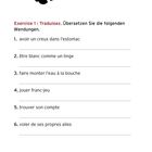 "Exercice 1 : Traduisez. Übersetzen Sie die folgenden Wendungen." Sechs französische Ausdrücke. Oben eine rote Hand.