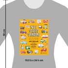 "NYC Street Vendors" Text in der Mitte, mit Illustrationen von bunten Food Trucks und einem orangefarbenen Hintergrund.