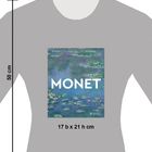 Text: "MONET", "PRESTEL", "17 b x 21 h cm". Gemälde von Seerosen auf grauem T-Shirt, Figur ohne Details.