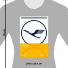 Text: "Lufthansa The First 100 Years". Ein Logo mit einem stilisierten Vogel in einem Kreis auf grauem Hintergrund. Maße: 20 b x 28 h cm.