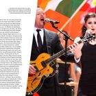 Ein Mann mit Gitarre und eine Frau singend neben Schlagzeug, mit bunten Fahnen im Hintergrund. Text beschreibt ein musikalisches Event.