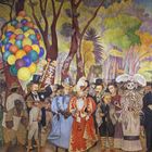 Eine bunte, lebendige Illustration mit eleganten Figuren, Ballons und La Catrina im Zentrum eines Parks.