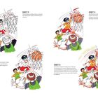 Schritte 12-15 beschreiben, wie Farben und Schattierungen Basketball-Spielern Dynamik verleihen. Illustration eines Spiels.