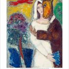Gemälde von Chagall: Eine Frau in Weiß mit einem Mann im Anzug, der einen Pferdekopf hat. Im Hintergrund fliegt ein roter Engel.