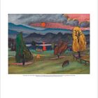 Illustration eines Landschaftsgemäldes mit Bäumen, Hügeln und aufgehender Sonne. Unten Kalenderzahlen für September.