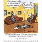 Zwei Zebras auf Sofas, eins sagt: "Dein Mann wirkt so geplättet." Das andere: "Er arbeitet als Zebrastreifen." Datum: September 2027.