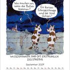 Zwei Kühe unterhalten sich: „Was machen wir, wenn die Bullen kommen?“ „Ein kurzes Schnippschnapp und sie sind Ochsen!“ Darunter: "WASSERMÄNNER SIND OFT ERSTAUNLICH ZIELSTREBIG", Kalender „September 2027“.