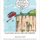 "Warte doch, gleich fällt mir dieses Wort wieder ein! Jetzt hab ich es: Halt!" Ein Auto schwebt über einer Klippe.