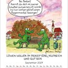 Zwei grüne Krokodile auf einer Bank; Text: "Bei Bedarf kannst du dich an meiner Schulter ausweinen...". September 2027, Kalender.
