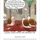 Illustration von Schnecken in einem Raum. Eine fragt mit Sprechblase Eva, ob sie Stefan heiraten will. Kalender: September 2027.