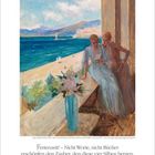 Text: "Ferienzeit! – Nicht Worte, nicht Bücher erschöpfen den Zauber, den diese vier Silben bergen. Ludwig Ganghofer." 

Illustration von zwei Frauen auf einem Balkon; im Hintergrund Meer und Berge.