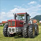 Roter Traktor auf einer Wiese, im Hintergrund sind Häuser und ein leicht bewölkter Himmel.