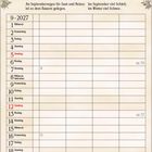 An Septemberregen für Saat und Reben ist es dem Bauern gelegen. Im September viel Schlehen, im Winter viel Schnee. Tabelle mit Kalendertagen. Illustration von Bauernhofszene im Hintergrund.