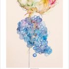 "9" und Zahlen 1-30 unten. Aquarell einer wolkenähnlichen, bunten Form über blauen, blasenartigen Strukturen.