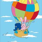 Kalender unten: Zahlenreihe 1 bis 30. Oben ein bunter Heißluftballon mit einem blauen Elefanten und rosa Kaninchen.