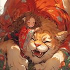 Kalender mit September 2024-Daten. Illustration: Mädchen in Kimono umarmt ein großes, lächelndes, katzenähnliches Wesen.