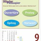 "Blinder Passagier", "Eines der Wörter passt nicht zu den anderen. Welches ist es?" Ouvertüre, Prolog, Epilog, Vorwort. Montag, 9. August.