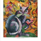 Gemälde mit einer Katze in bunten, expressionistischen Farben auf lebhaftem Hintergrund. Unten ist ein Kalender für September.