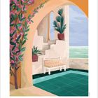 Kalenderseite für September zeigt eine Terrasse mit Sitzbank, Pflanzen, Bogen und Meerblick.