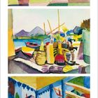 Text: "AUGUST MACKE", Kalender, September 2027. Drei farbenfrohe gemäldeartige Illustrationen mit Landschaftsmotiven.