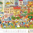 Kalenderblatt September 2023. Text: "Suche Mizi, die kleine Maus. Sie hat sich 10x im Bild versteckt." Bunte Straßenszene mit vielen Figuren.