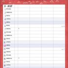 September 9-2027, Kalenderlayout. Illustration: Einhorn auf rotem Hintergrund mit Blättern.