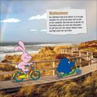Wattenmeer: Das Wattenmeer liegt an der Nordsee. Ebbe ermöglicht das Wattwandern. Zwei Figuren auf Fahrrädern vor Dünen Landschaft.