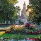 Kirchturm im Hintergrund, blühende Gartenanlage im Vordergrund, Sonnenstrahlen scheinen durch Bäume.